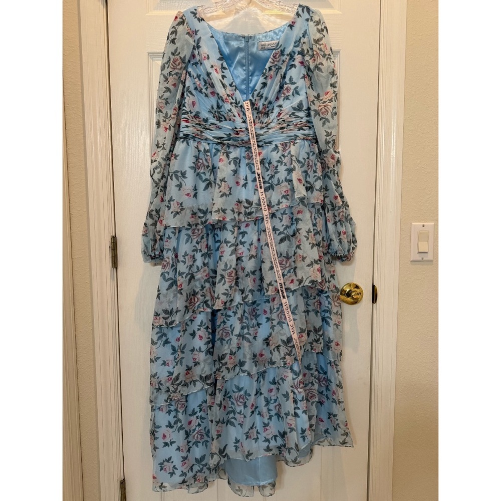 Mac Duggal 55880 Blue Puff Sleeve Floral Printed Dress Size 10 - Picture 7 of 12